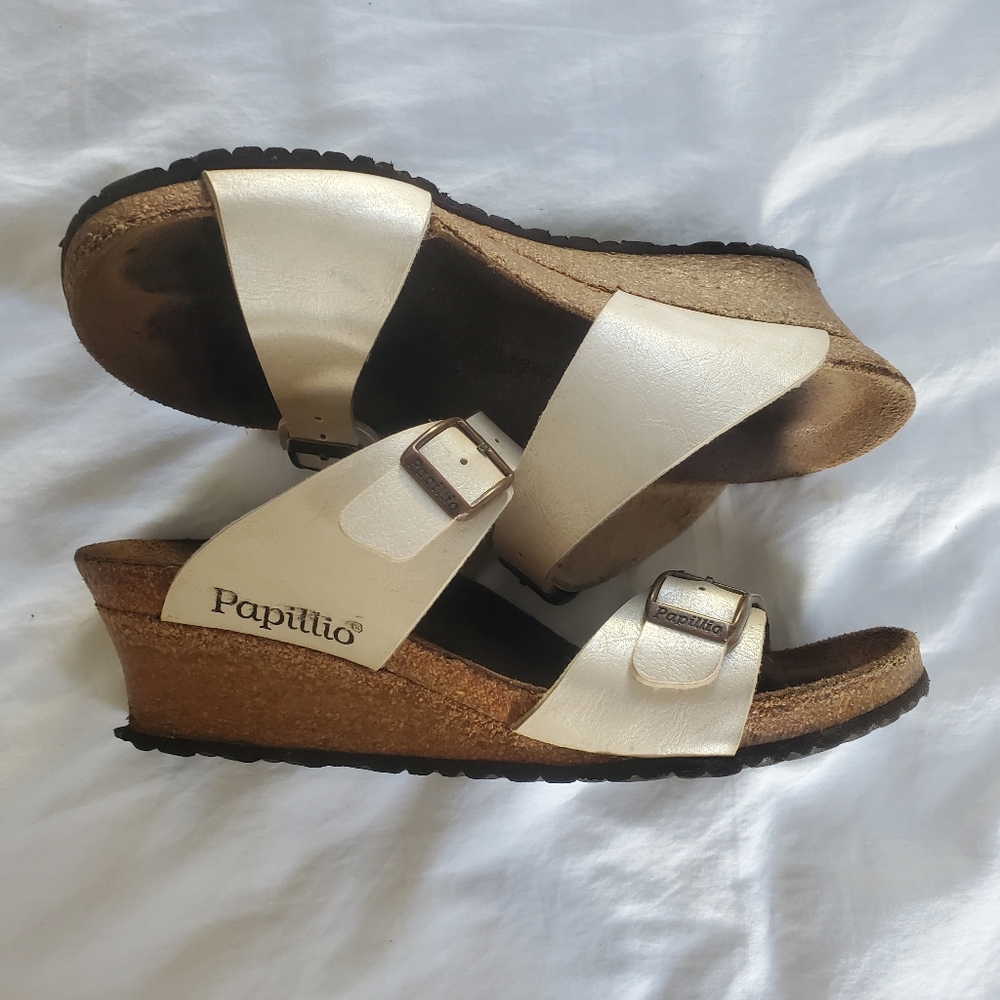 Papillio Birkenstock Women's Pearl White and Tan Sandal Wedge Sandals 8